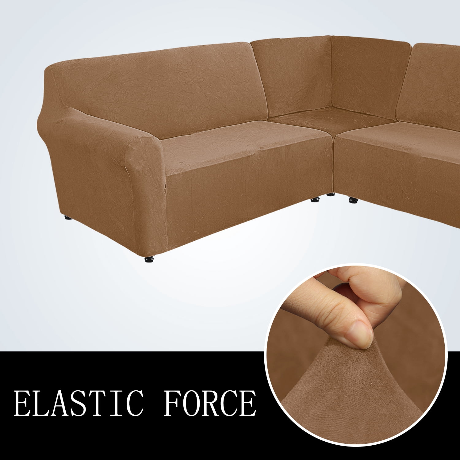 Eurhowing 5-Seater L-Shaped Sofa Cover, Stretch Velvet Soft Couch Slipcover for Sectional Corner Sofa, Non-Slip Furniture Protector, Leather Brown