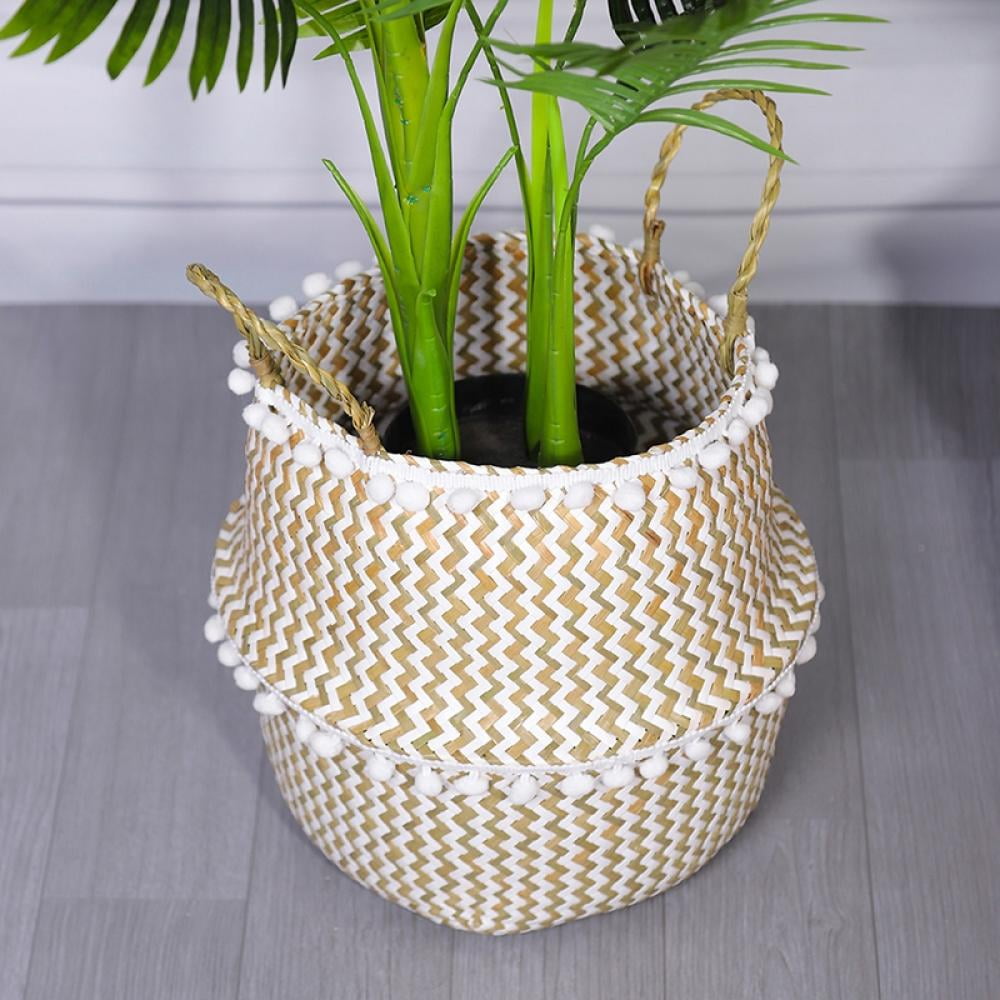 Woven Seagrass Plant Basket - Wicker Belly Basket Planter Indoor with Plastic Liner and Handles, Natural Plant Pot for Fiddle Leaf Fig Tree