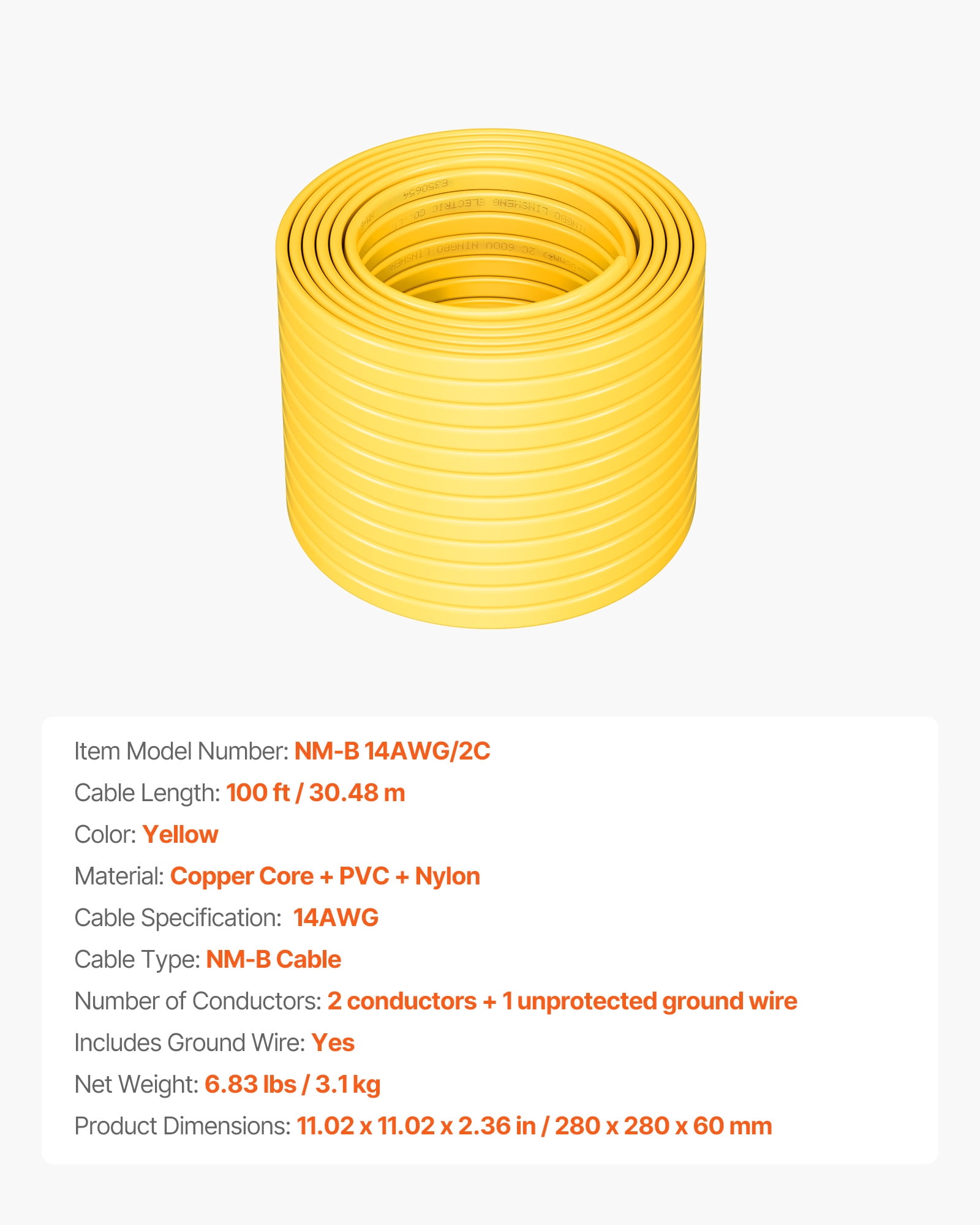 VEVOR NM-B Wire, 14AWG/2C Non-Mettalic Residential Indoor Electrical Wire with Ground, PVC Sheathed High-Purity Copper Core Cable, for Outlets, Switches, Other Loads & Lighting Wiring Project