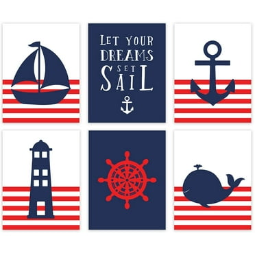 Koyal Wholesale Nautical Sailor Theme Nursery Hanging Wall Art, Red Stripes, Boat, Anchor, Lighthouse, Whale