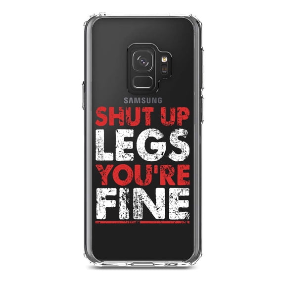 DistinctInk Clear Shockproof Hybrid Case for Samsung Galaxy S9 (5.8" Screen) - TPU Bumper Acrylic Back Tempered Glass Screen Protector - Shut Up Legs You're Fine Running