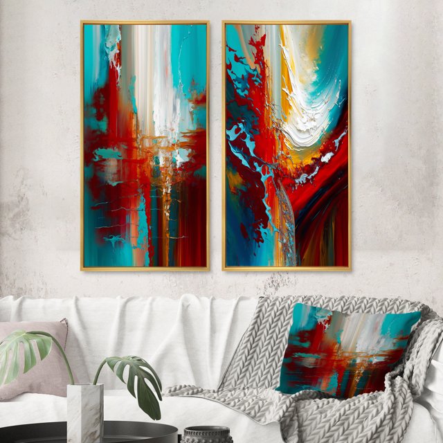 Designart "Rythmes de Sarcelle Éveil Abstrait I" Peinture Abstraite Encadrée Ensemble d'Art Mural de 2 - Ensemble d'Art Mural Encadré Rouge Moderne de 2