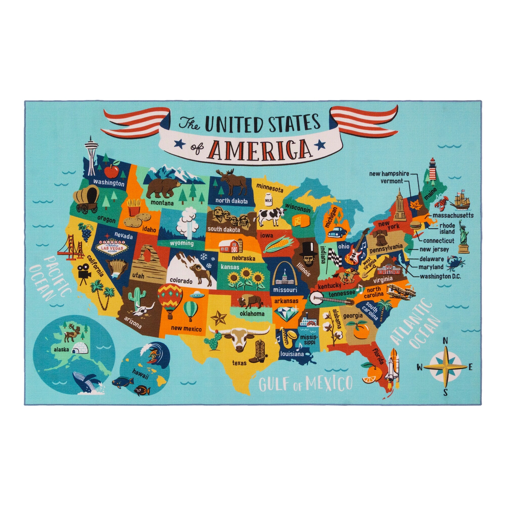 Smithsonian Kids Digital Kids USA Map Play Rug Youth Printed Map Indoor Area Rug, 6x9