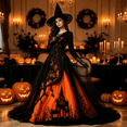 thumbnail image 5 of AoDai Gothic style long-sleeved witch dress with ghost castle print, suitable for Halloween party cosplay (all dress patterns are printed, the dress does not include a petticoat)., 5 of 6