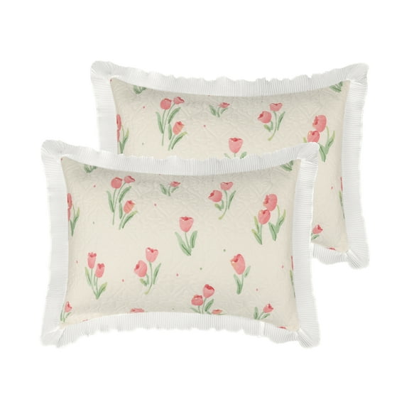 Unique Bargains Cotton Floral Ruffle Trim Pillow Shams Set of 2 with Envelope Closure White Queen