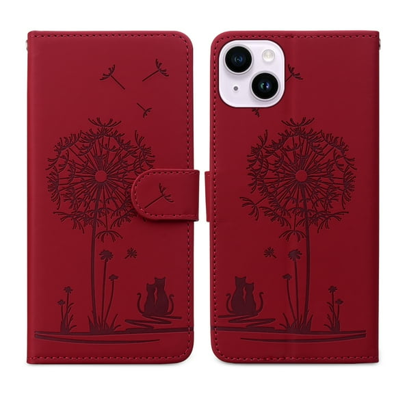 ELEHOLD Case for iPhone 14, Premium PU Leather Wallet Flip Case Folio Cover with Card Holder Kickstand,Red