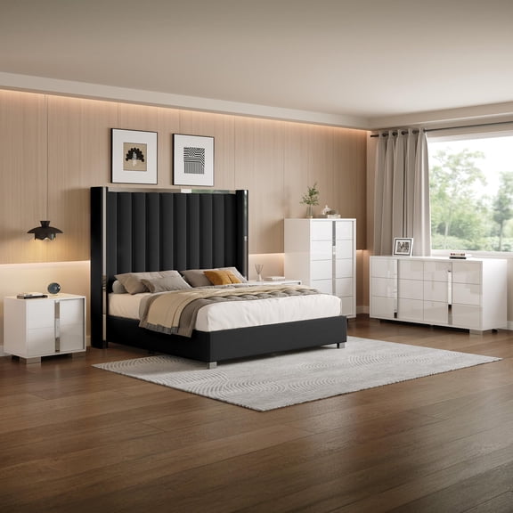 Amerlife 3-Piece Modern Bedroom Set Queen – Black Upholstered Bed Frame with 58" Wingback Headboard and 2 White Nightstands