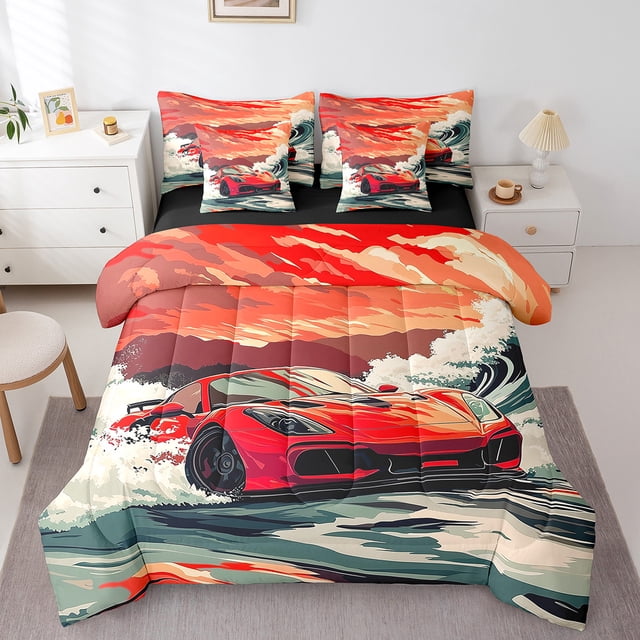 Erosebridal Boys Sports Car Bed in a Bag Queen size, Speed Racing Bed Set, Red, Reversible 7 Pieces