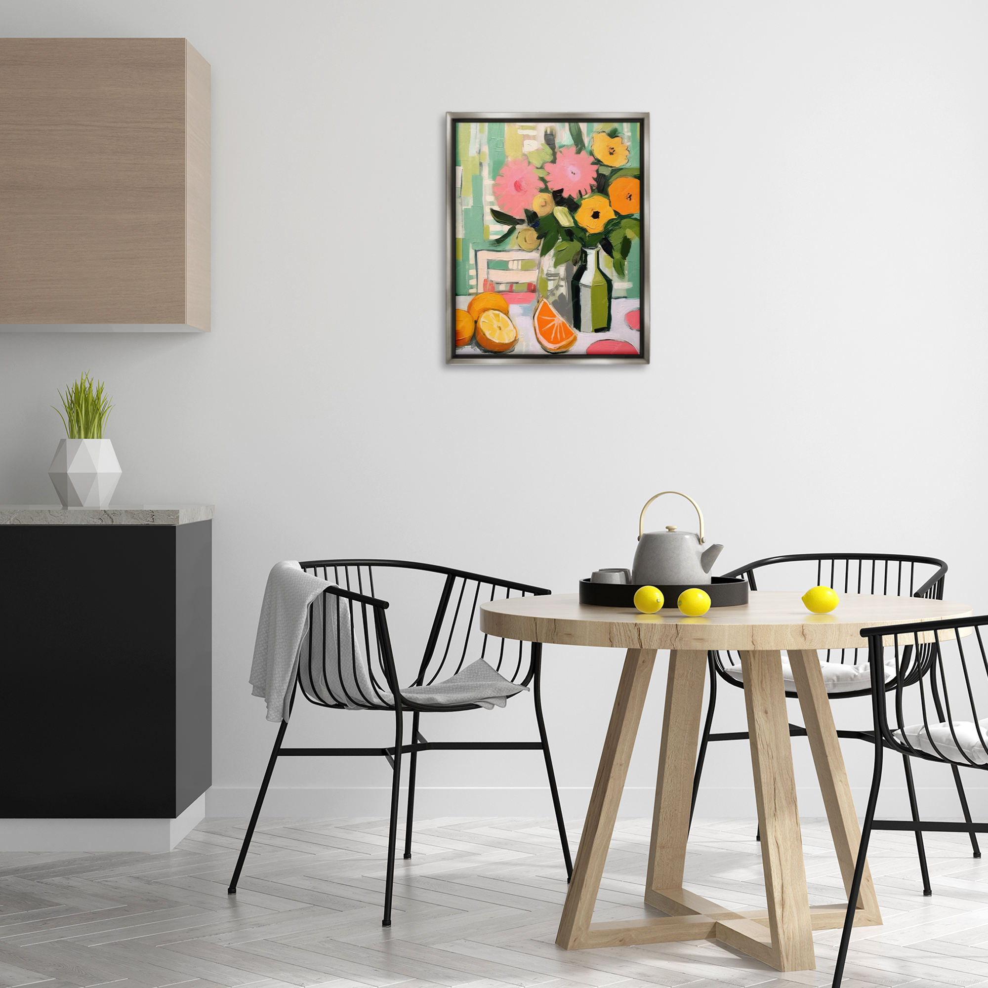 Stupell Industries Citrus Slices & Bouquet Food & Beverage Painting Gray Floater Framed Canvas Art Print Wall Art, 17 x 21