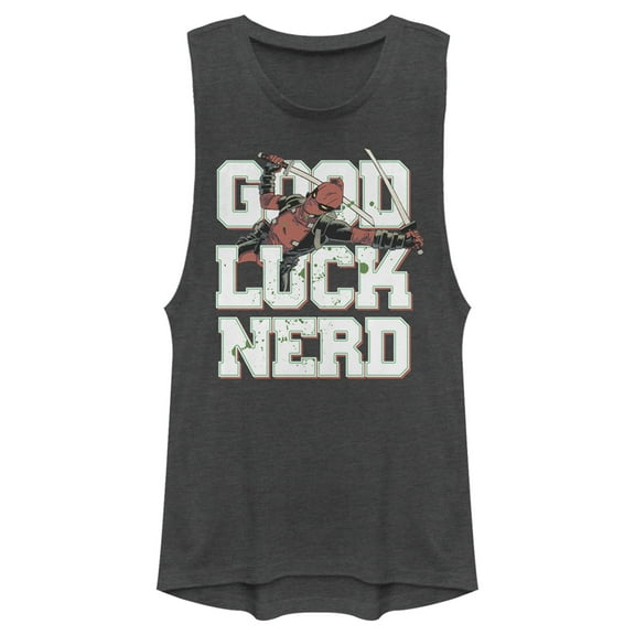 Junior's Marvel Deadpool Good Luck Nerd  Festival Muscle Graphic Tee Charcoal Small