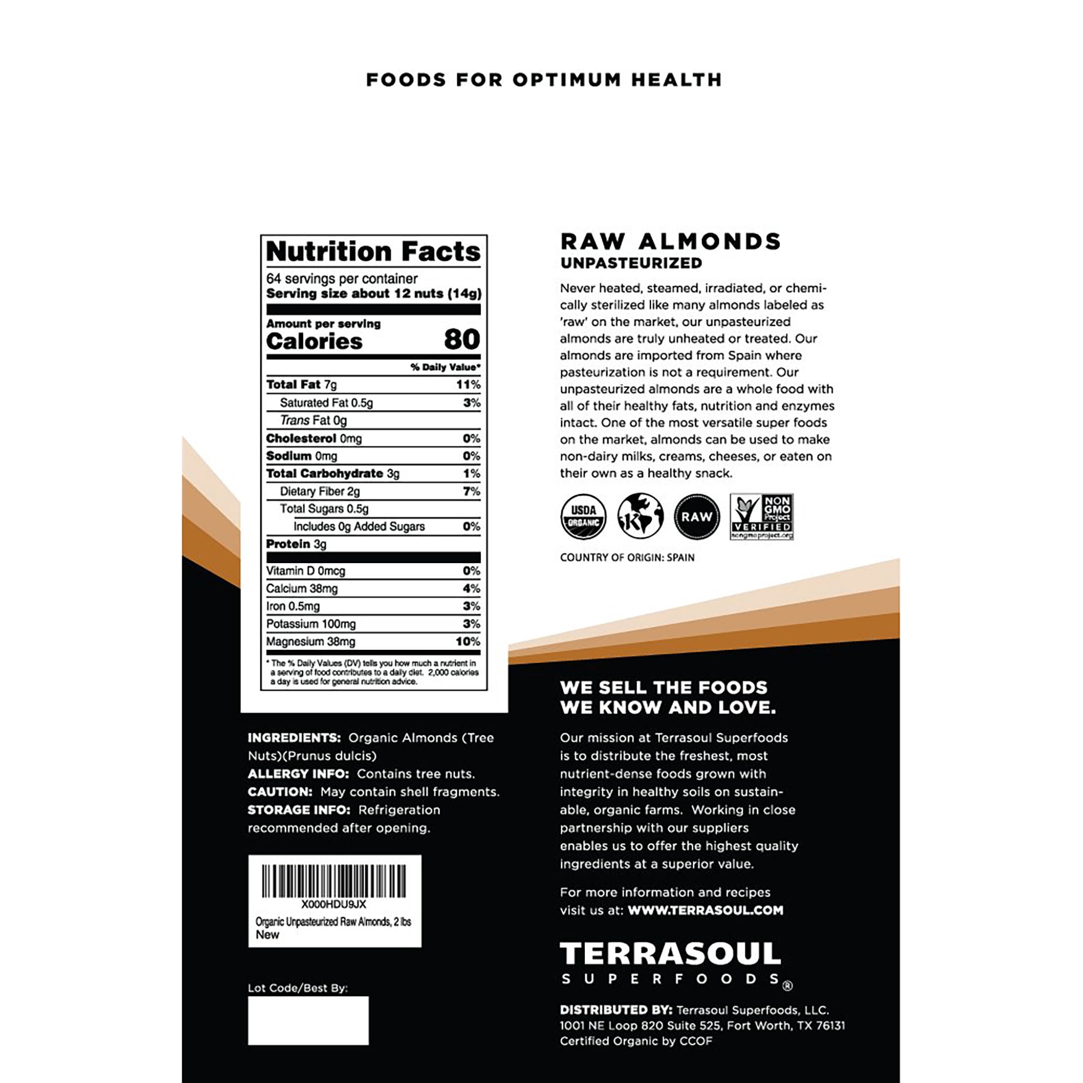 Terrasoul Superfoods Organic Raw Unpasteurized Almonds (Sproutable), 2 lbs