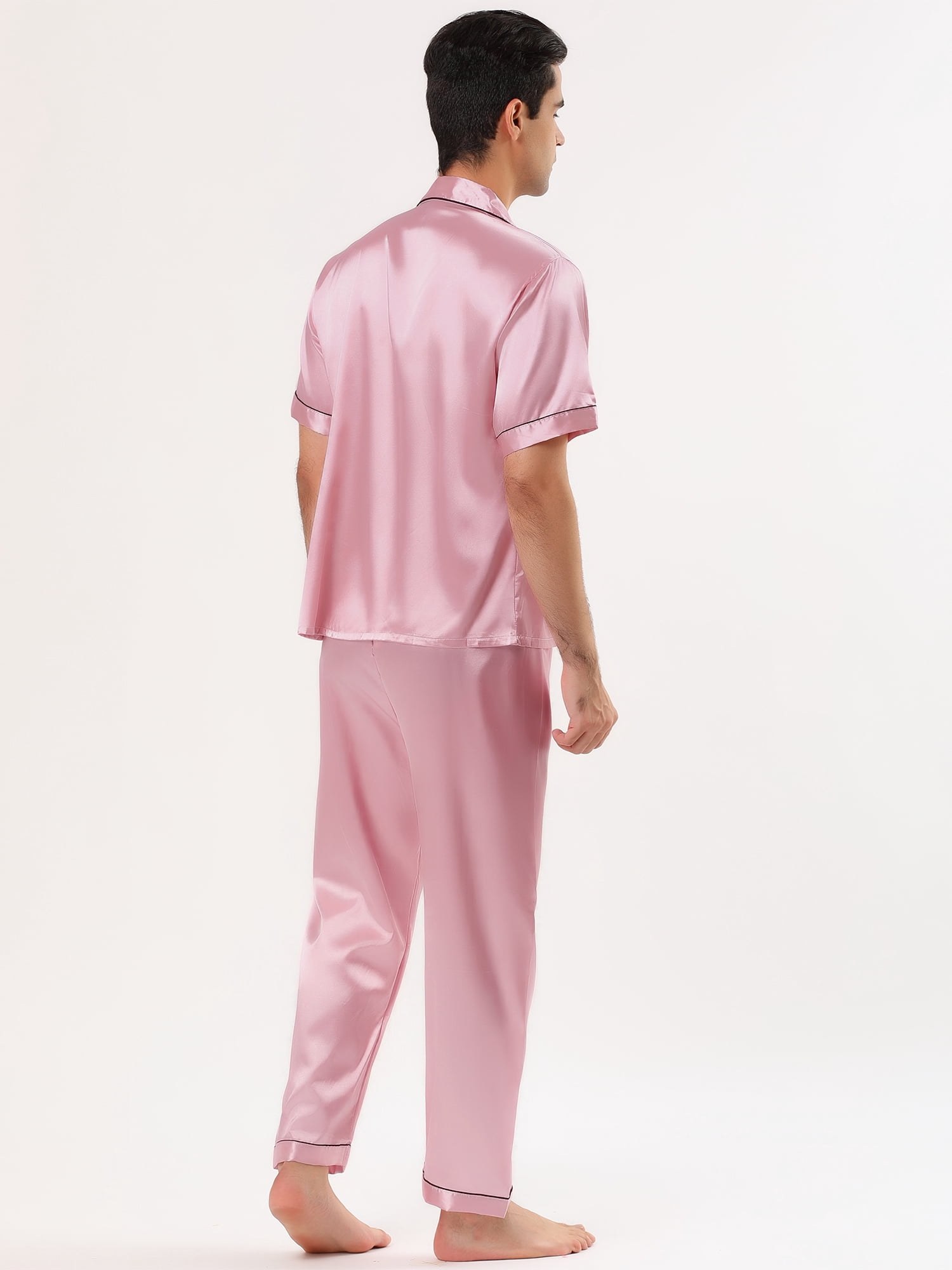Unique Bargains Men's Button Down Satin Pajama Sets Short Sleeves Nightwear X-Large Pink