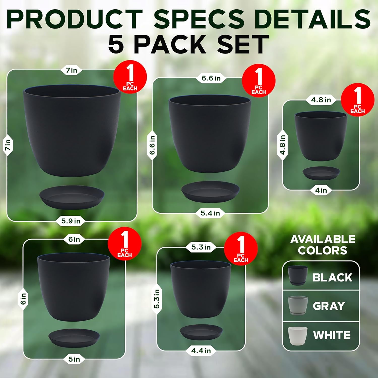 Campior Plastic Plant Pots with Drainage, Stackable Design for Indoor/Outdoor Use, Pack of 5, Black