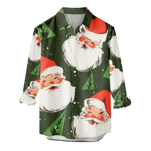 IROINNID Christmas Long Sleeve Shirt for Men Funny Santa Print Button Up Shirt Gift Xmas Vacation Shirt,Olive Green