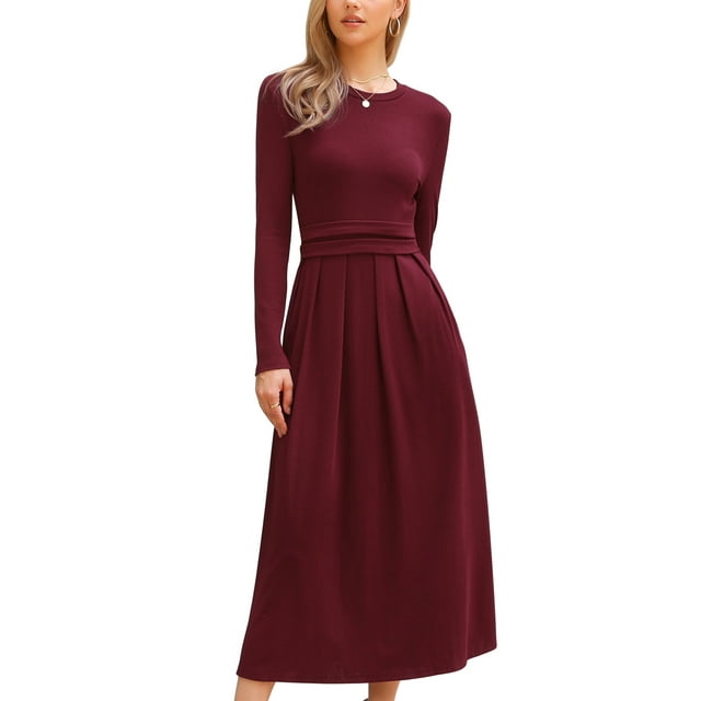 VESTIDO MAXI ACANALADO RIBBED KNITTED PARA MUJERES CON CINTURA ALTA, FRENTE PLISADO, MANGA LARGA Y SILUETA EN A L BURDEOS