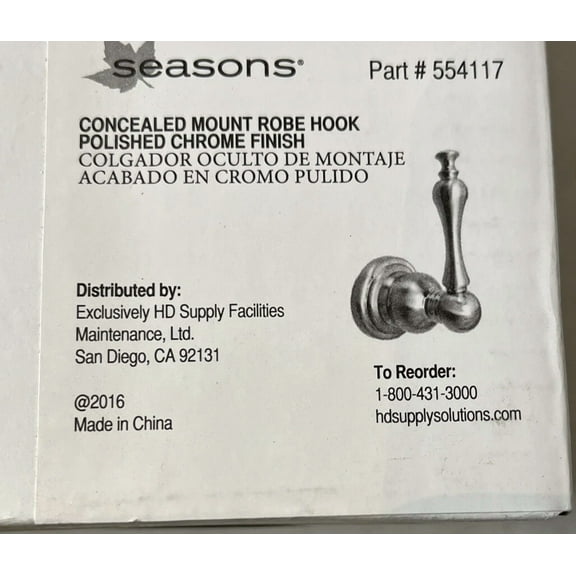 Seasons Polished Chrome Finish Robe Hook Concealed Mount #554117