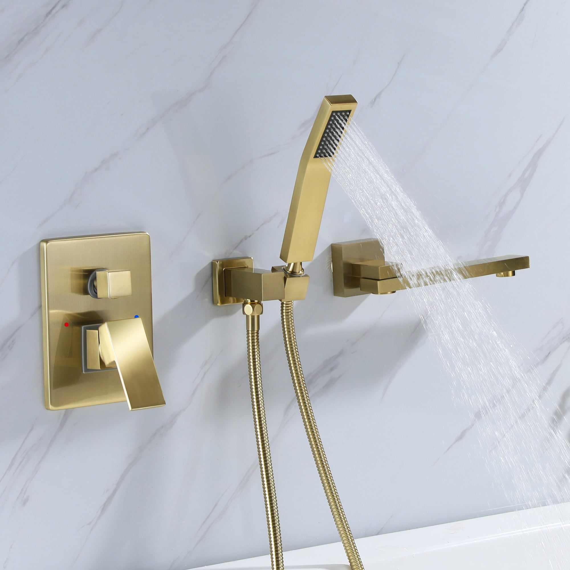 Double Handle Wall Mounted Bathroom Tub Filler with Hand Shower, Brass Matte Black Waterfall Bathtub Faucet, Brushed Gold