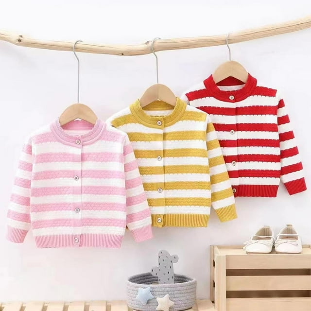 WRKEKC Cardigan en Tricot à Col Rond pour Garçons et Filles, Imprimé à Rayures, Boutonné, Manches Longues, Épais et Chaud, Manteau pour Tout-Petits de 1 à 4 Ans, Automne Hiver