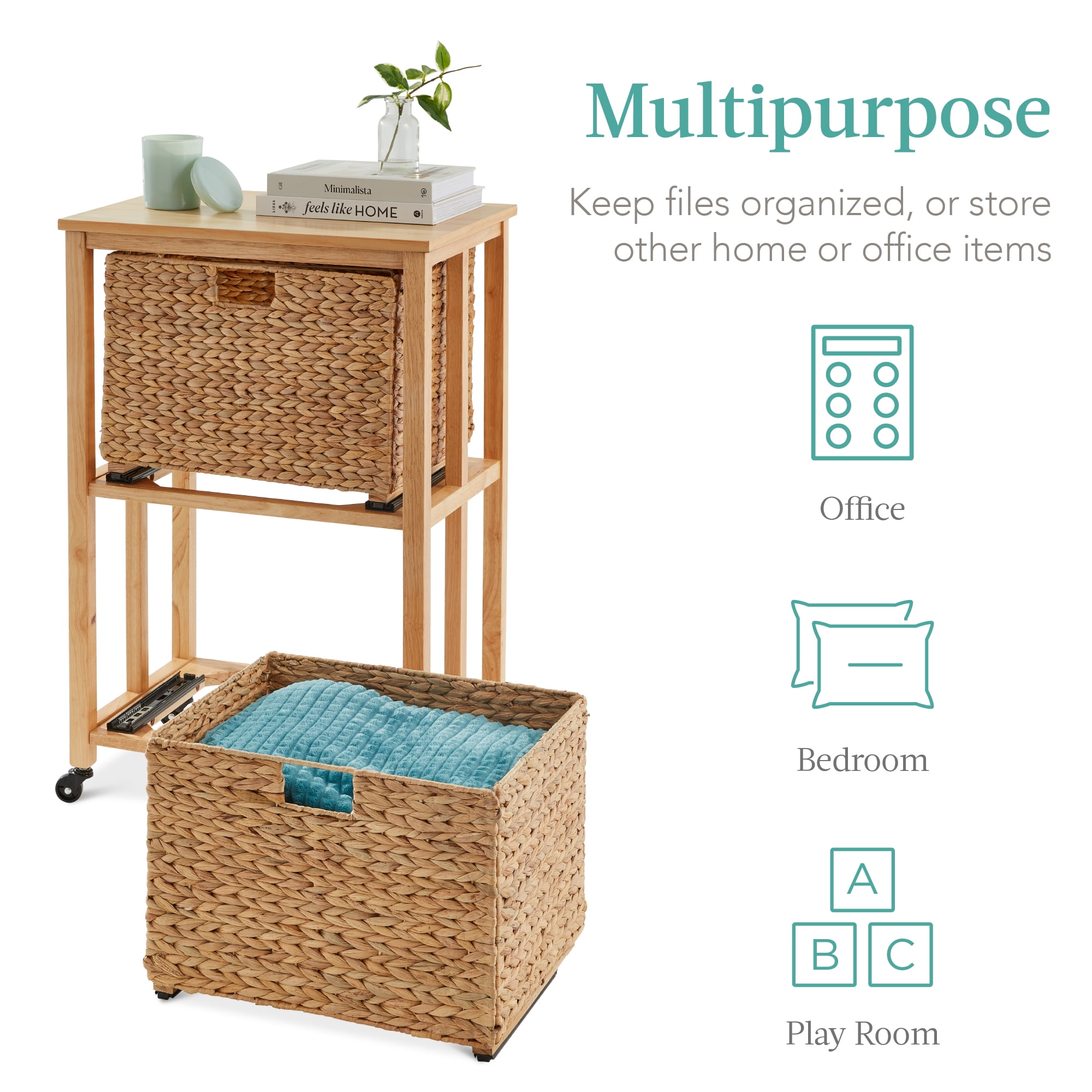 Best Choice Products Vertical Rolling File Cabinet for Home, Office w/ Rubberwood Frame, Locking Caster Wheels - Natural