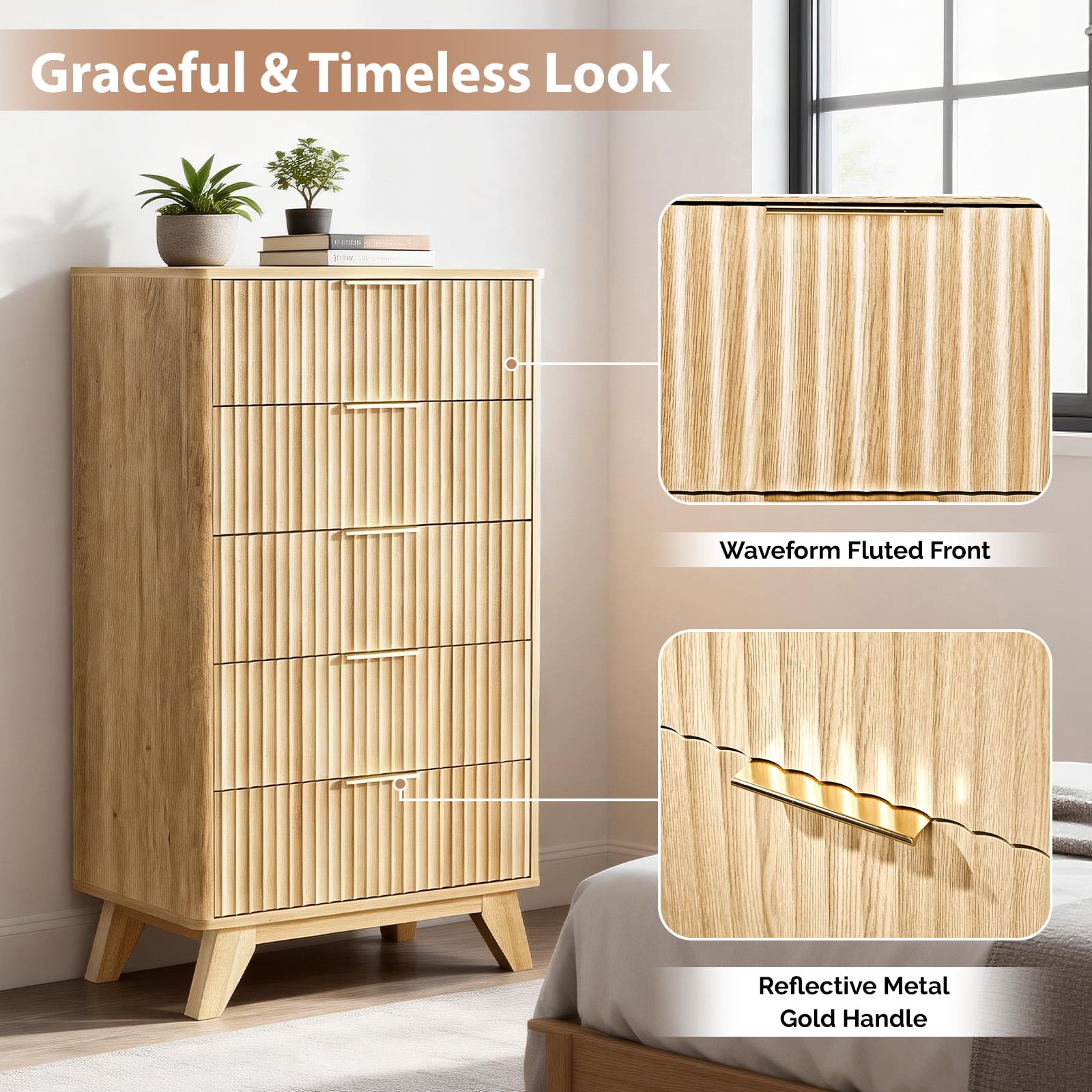 Ktaxon Fluted Tall 5 Drawer Dresser Solid Wood Chest of Drawers with Soft Close Slides Storage Cabinet for Bedroom Living Room Entryway Oak