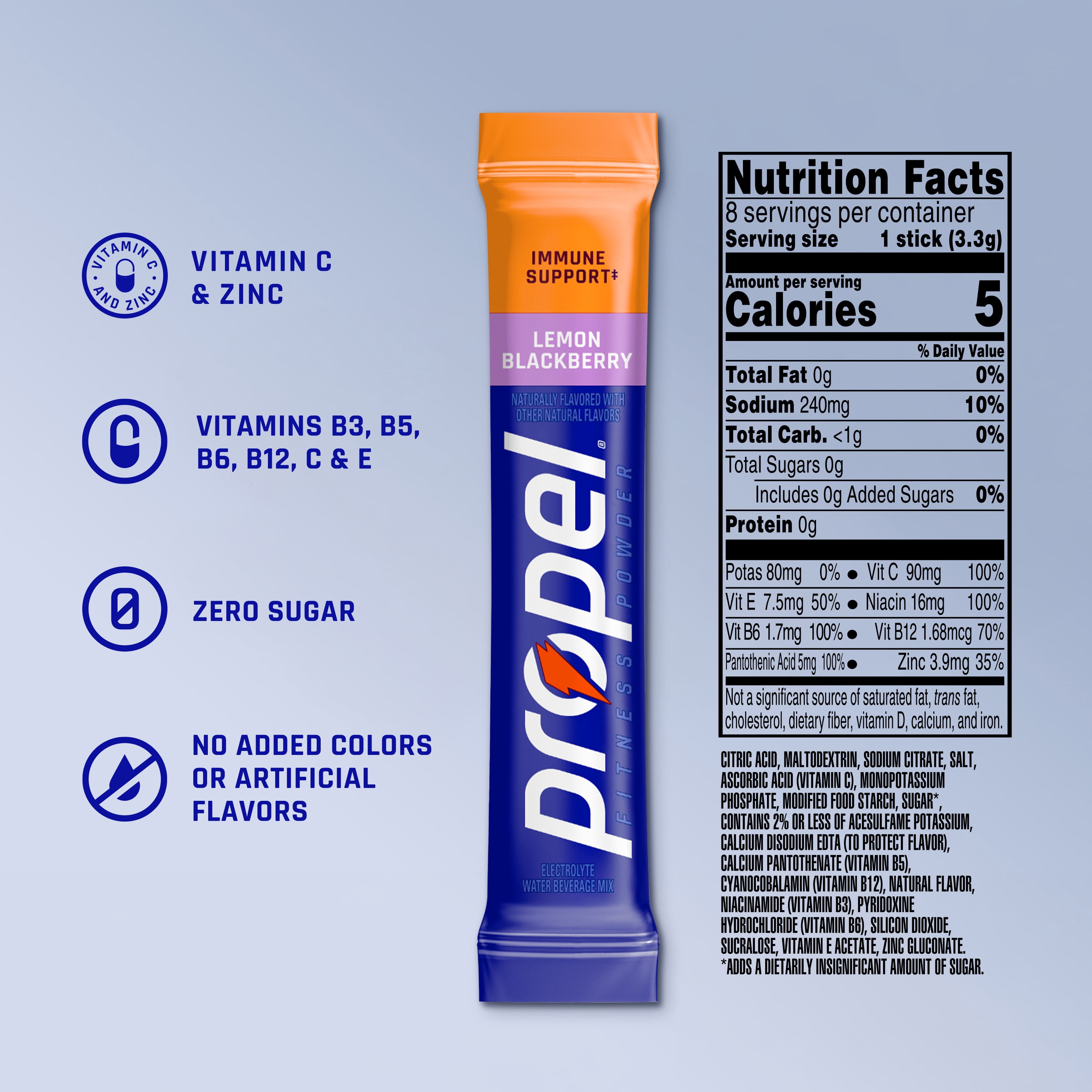 (3 pack) Propel Immune Support Zero Sugar Lemon Blackberry, On The Go Packs, Electrolyte Powder Drink Mix, 0.11 oz, 8 Count Packets