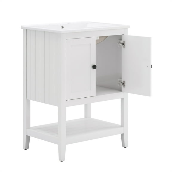 Cterwk 24" Modern Bathroom Vanity Ceramic Sink with Solid Wood Frame and Open Style Shelf, White