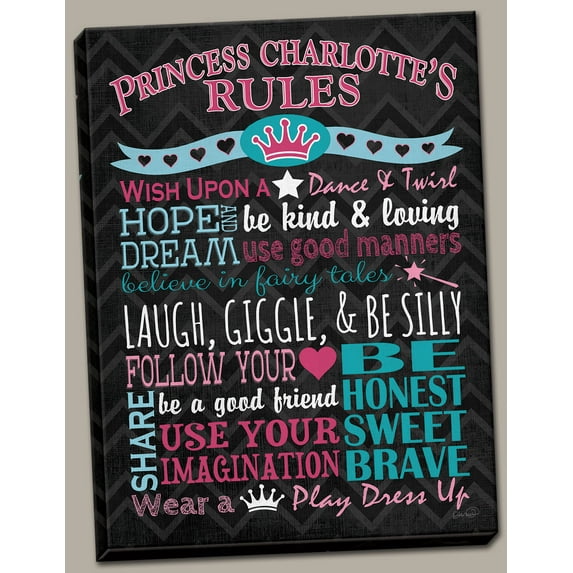 Adorable Personalized Princess Rules Poster Print; Great for a Childs Room or Nursery; One 12x16in Hand-Stretched Canvas. Pink/Teal/Black