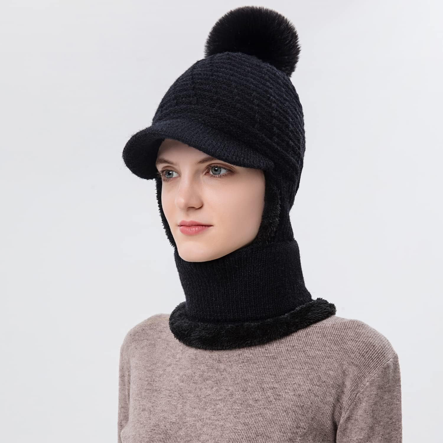 Zhengup Women Balaclava Visor One-Piece Skull Beanie Hat Neck Circle Scarf Ski Snow Winter Knit Fleece Cap Cold Weather