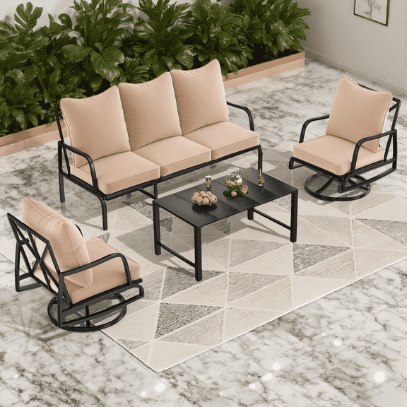 MAYEERTY 4-Piece Metal Frame Outdoor Patio Set with Swivel Chairs, Three-Seater Sofa, and Coffee Table