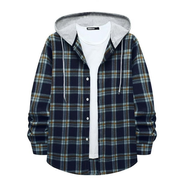 hoksml Mens Shirts,Long Sleeve Shirts for Men,Autumn and Winter Fashion Long  Sleeve Solid Color Shirt Top Plaid Hooded Shirt Clearance 