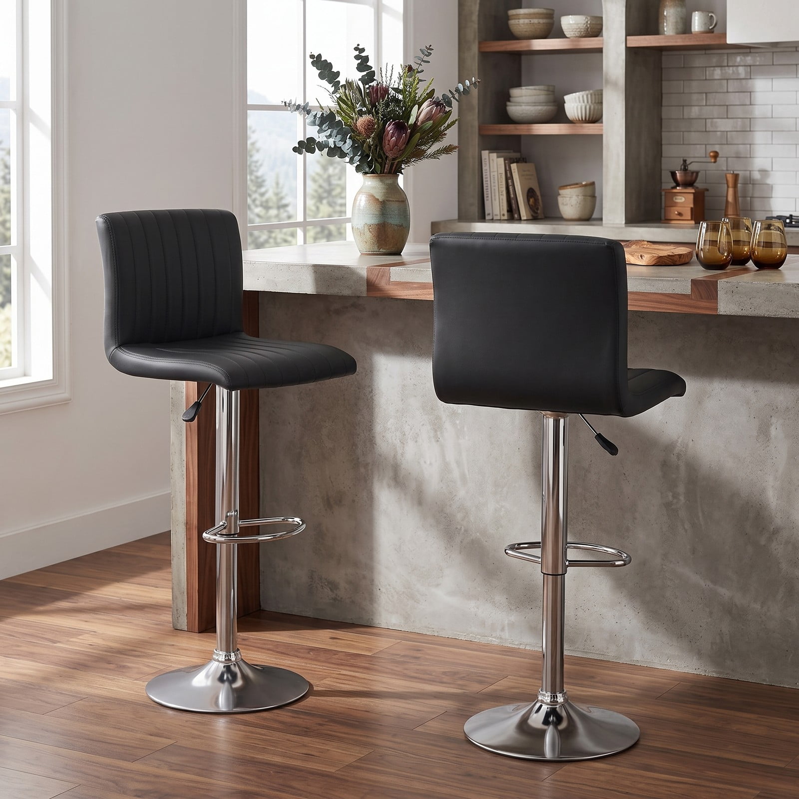 Furnibear Adjustable Swivel Bar Stools Set of 2, 360-Degree Counter Height Barstools with Backrest and Footrest, Faux Leather Padded Kitchen Island Chairs with, Black