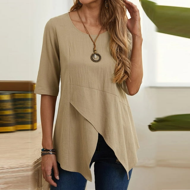 CEHVOM Women's Summer Casual Irregular Round Neck Short Sleeve Solid Loose Shirt Tops