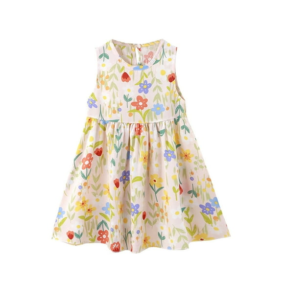 Coerni Kids Girls Floral Dress Cartoon Print Sundress Sleeveless A Line Dresses Crewneck Tank Dress Cute Summer Midi Dresses