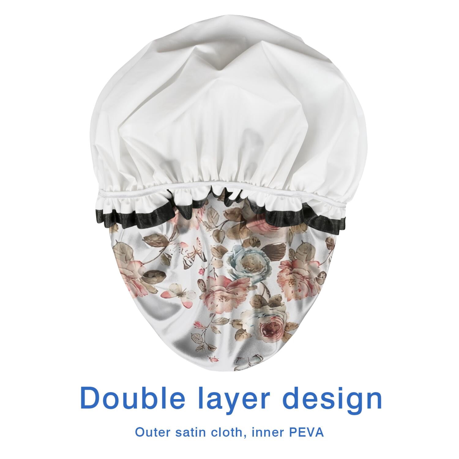 Shower Caps,White Butterfly Rose Pattern Waterproof Shower Cap for Women 4 Pieces,Double Reusable Hair Cover for Shower PEVA Elastic Stretch Hem