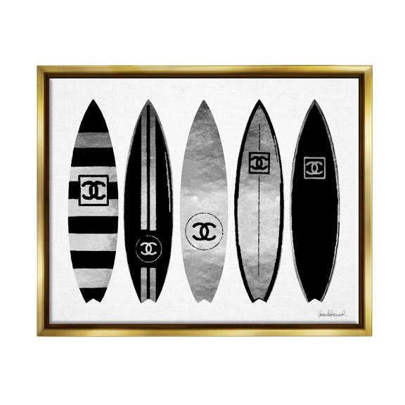 Stupell Industries Fashion Designer Surf Boards Black Silver Watercolor Metallic Gold Framed Floating Canvas Wall Art, 24x30, by Amanda Greenwood