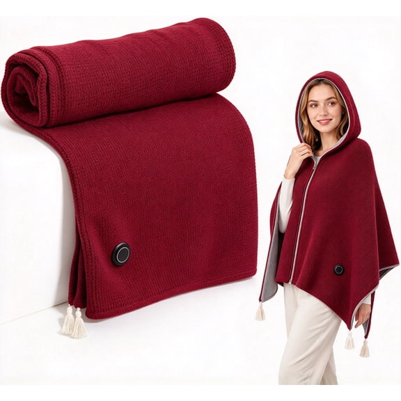 Cordless Heated Blanket Shawl with Hood, USB Electric Wearable Poncho, 3 Heating Levels for Office Home Car Travel, Portable Heated Blanket Shawl Warm