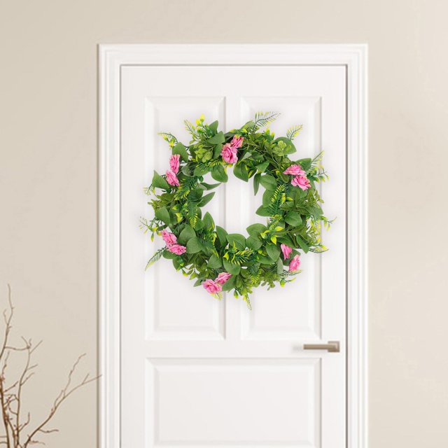 de flores artificiales para puerta delantera de 17.7 in, de flores artificiales para colgar manualidades florales para festivales Corona de rosas (rosa púrpura) Macarena coronas de puertas para el hogar