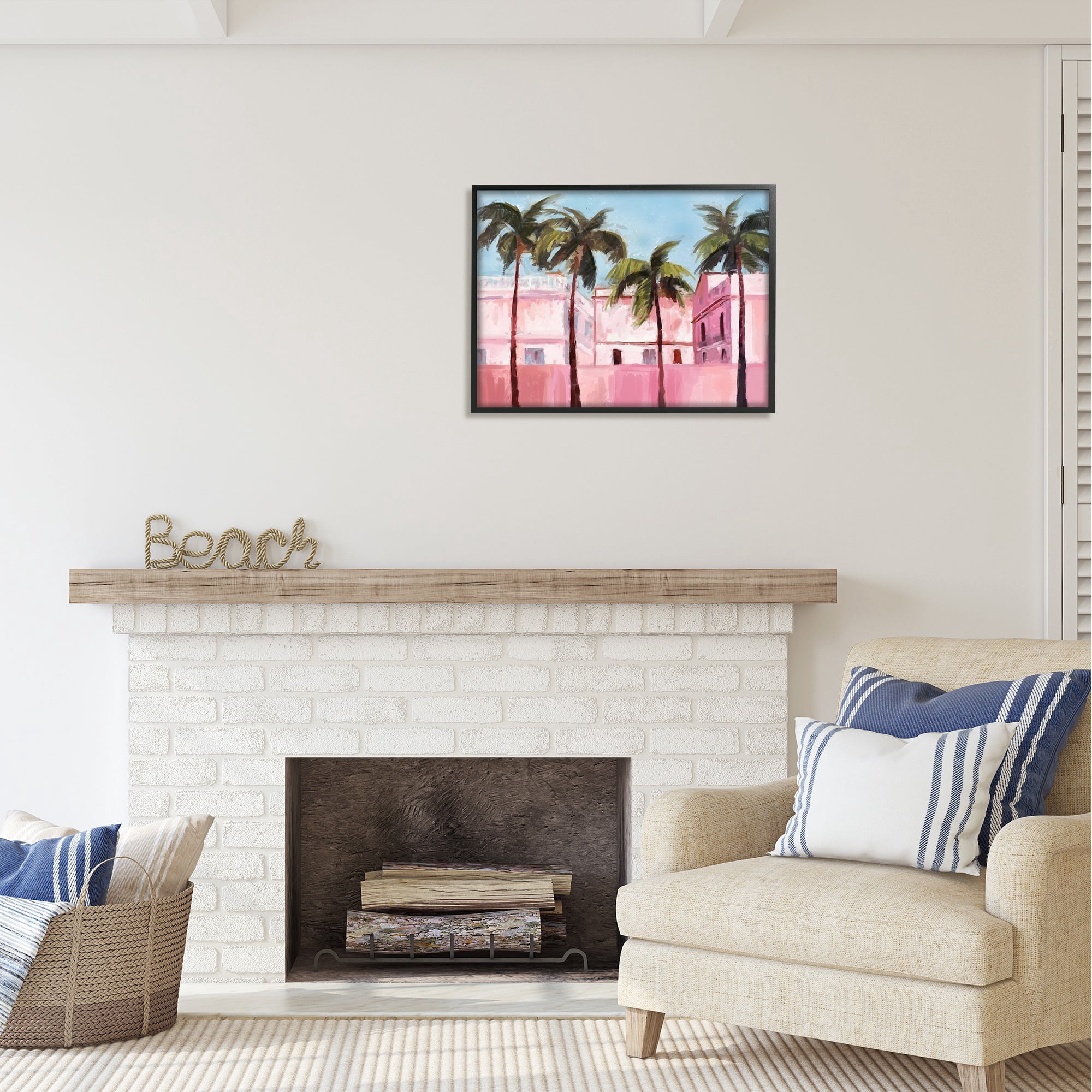 Stupell Industries Tropical Pink Buildings Botanical & Floral Painting Black Framed Art Print Wall Art, 30 x 24