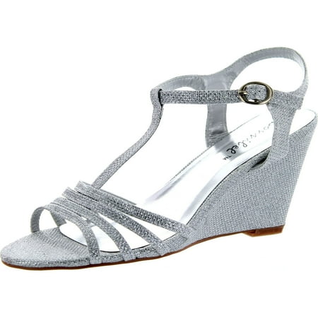 

Bonnibel Womens Flosa-1 Glitter T Strap Wedge Dress Sandals Silver 9