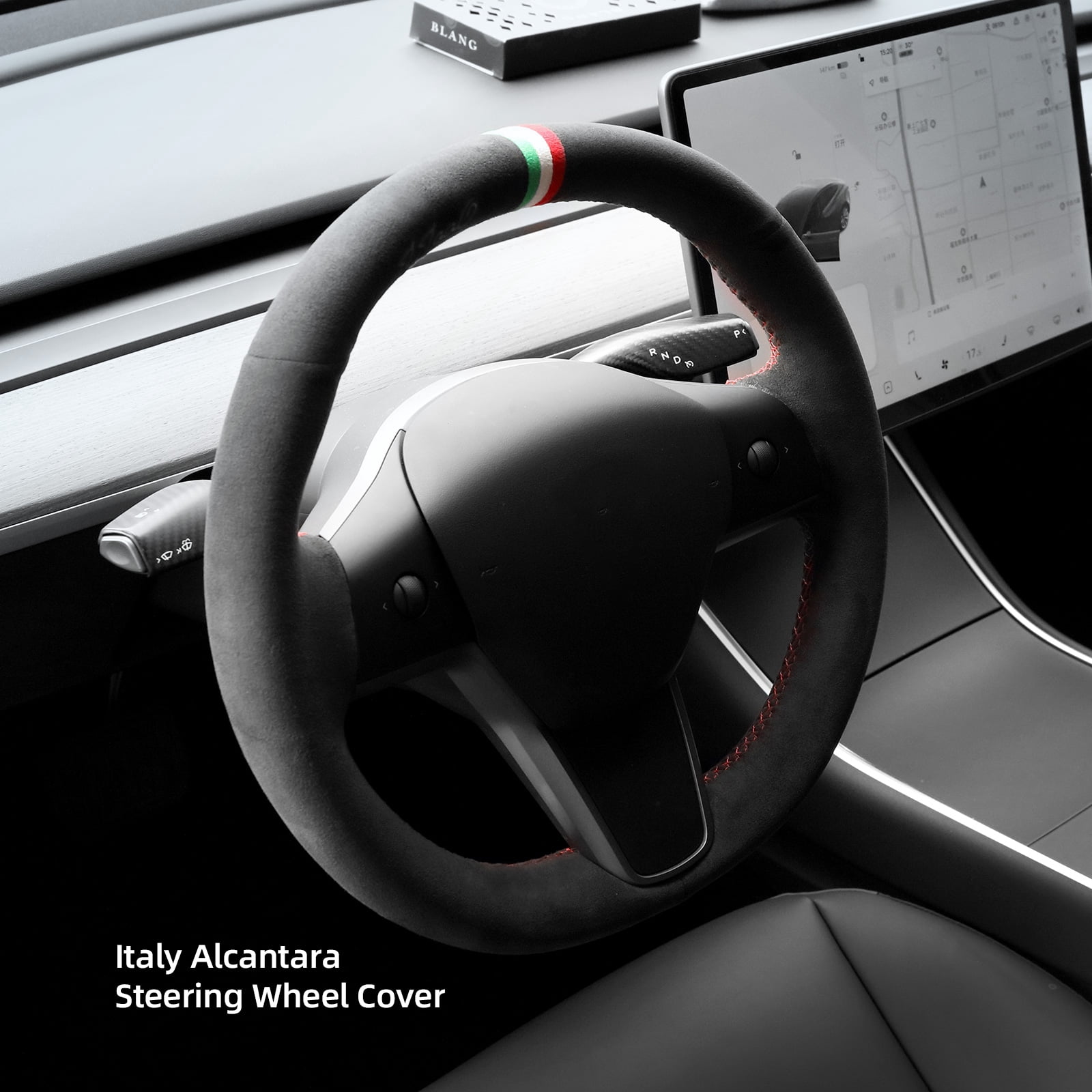 Alfanxi Hand Stitch Sewing Italy Alcantara, 3-Color Stripes Steering Wheel Cover for Tesla Model 3/Tesla Model Y  2018-2023