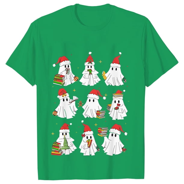 Camisetas de libro de fantasma de Navidad para mujer, ropa de libro de lectura de fantasma, camisetas de Navidad de manga corta, camisetas casuales de moda, Tops
