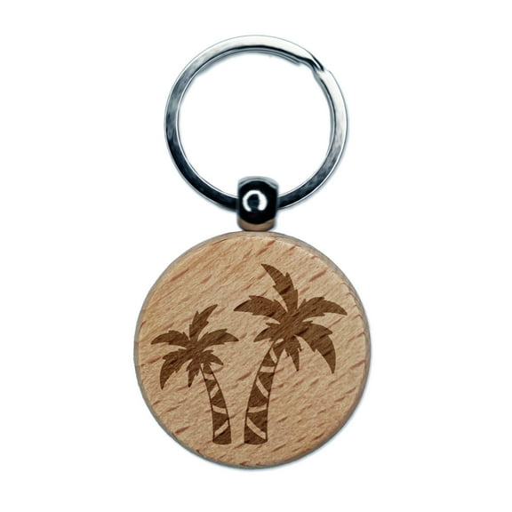 Two Palm Trees Tropical Round Keychain Charm Tag - Engraved Wood