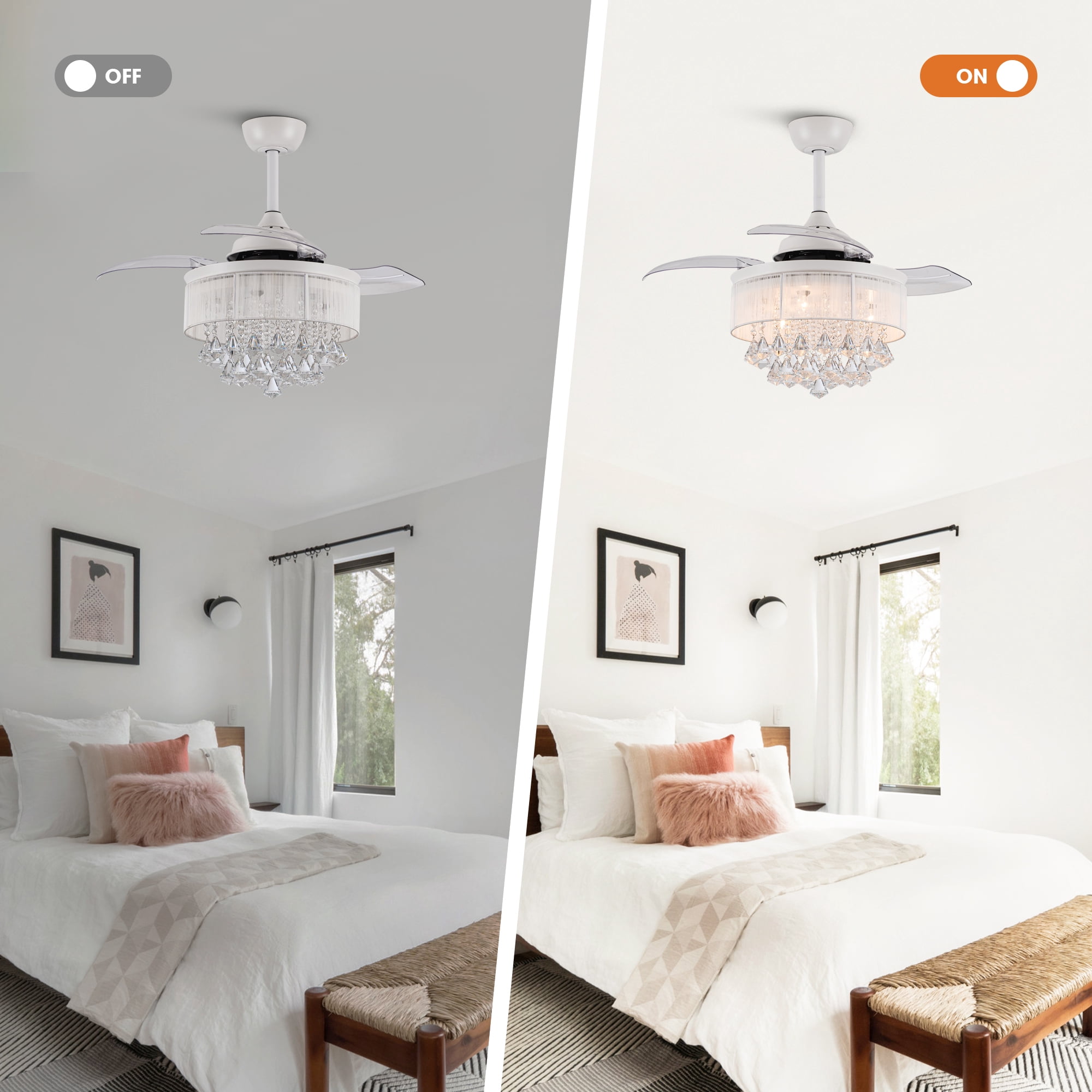 Parrot Uncle 36" Modern White Retractable 3-blade Crystal Ceiling Fan with Remote,  Glam Indoor Chandelier Fan