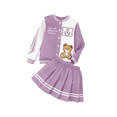 thumbnail image 3 of PureChapter Girls Clothes Cartoon Bear Letter Print Color Block Varsity Jacket & Striped Pleated Skirt 2 Piece Outfits for 7-14, 3 of 5
