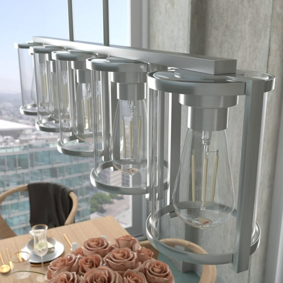 Hunter - Astwood 5-light Brushed Nickel, Large Chandelier, Dimmable, Caged Style, Linear Shaped, for Bedrooms, Dining, Living Rooms - 48012