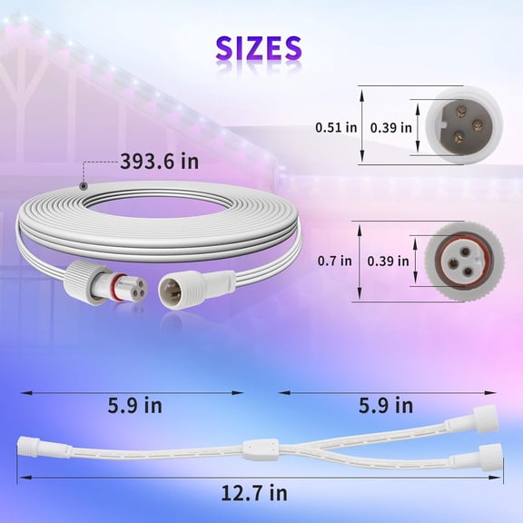 32.8FT Outdoor Light Extension Cord for  Permanent Lighting Extension Wire with Y-Splitter IP68 Waterproof Power Cable for  Garden Roof Decorations