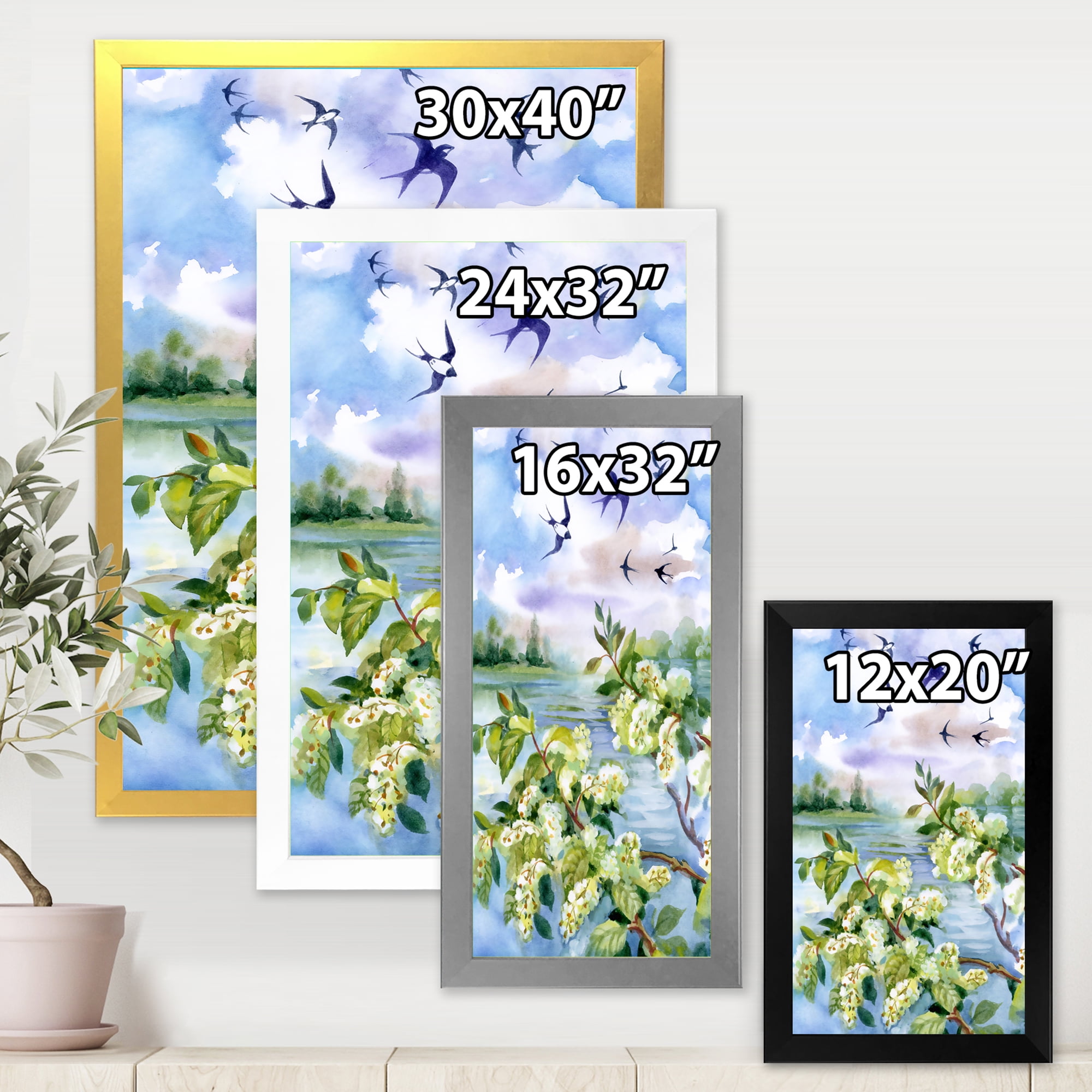 Flowers of The Cherry Blossoms On A Spring Day Landscape 12 in x 20 in Framed Painting Canvas Art Print, by Designart