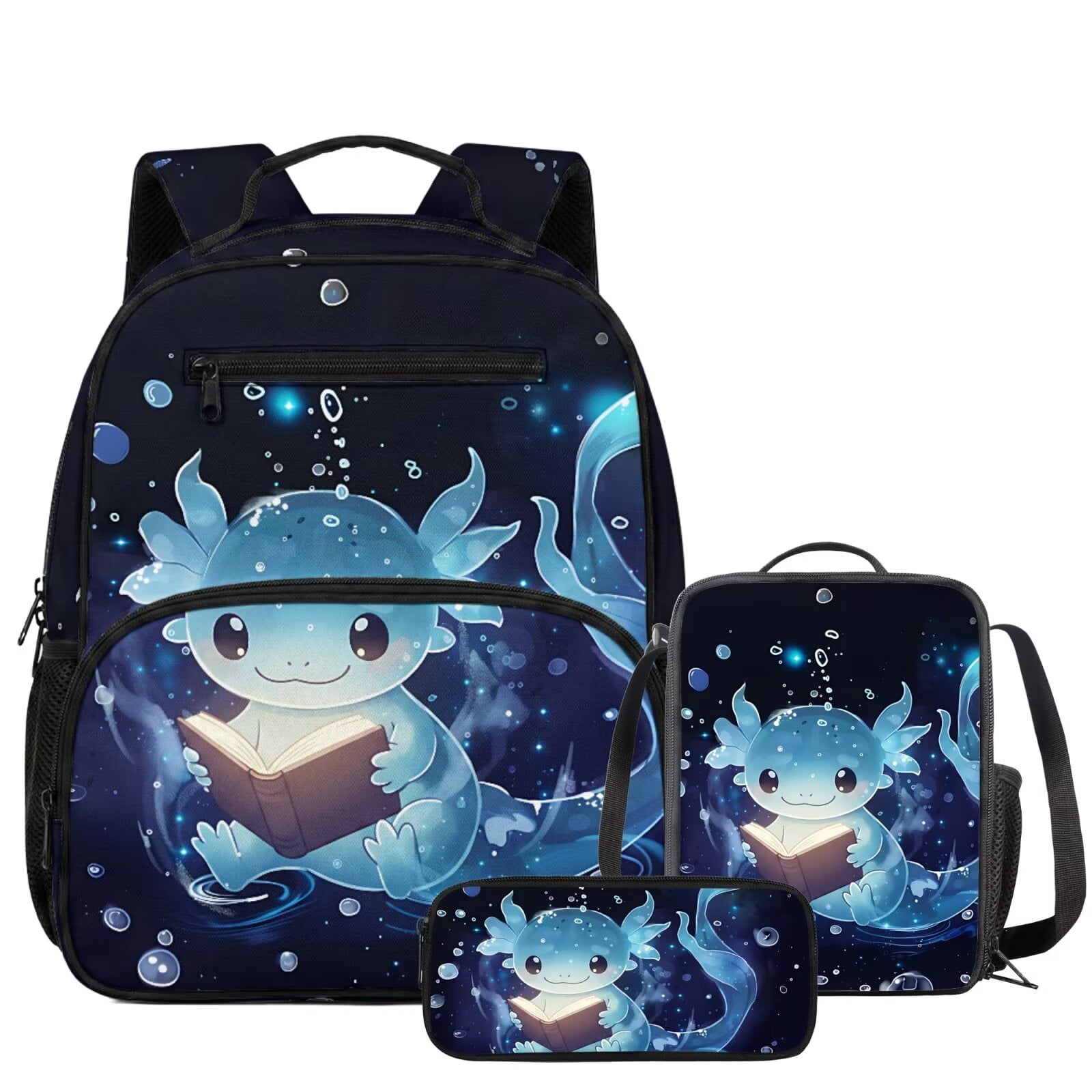 Yuyamidu Kawaii Axolotl Preschool Backpack Set 3Pcs with Lunch Bag and Pencil Case, 13.5 Inch Toddler Backpack, Cute Kids Bookbag for Kindergarten Daycare Boys Girls