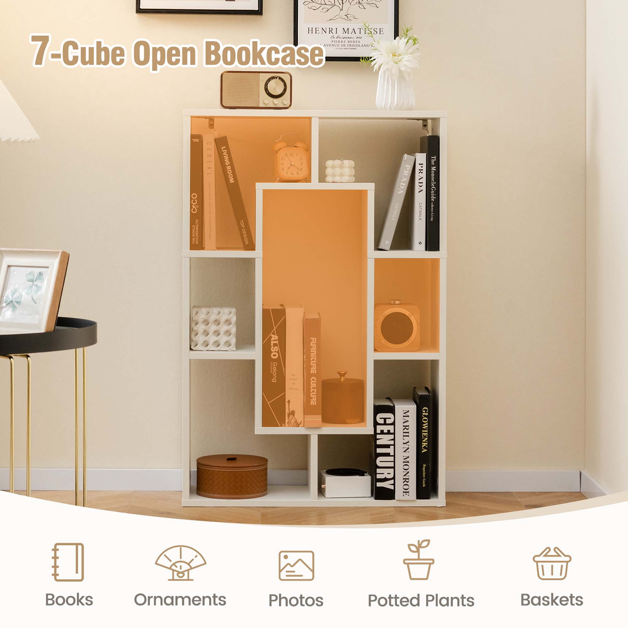 Costway 7 Cube Modern Geometric Bookcase with Anti-Toppling Device, White