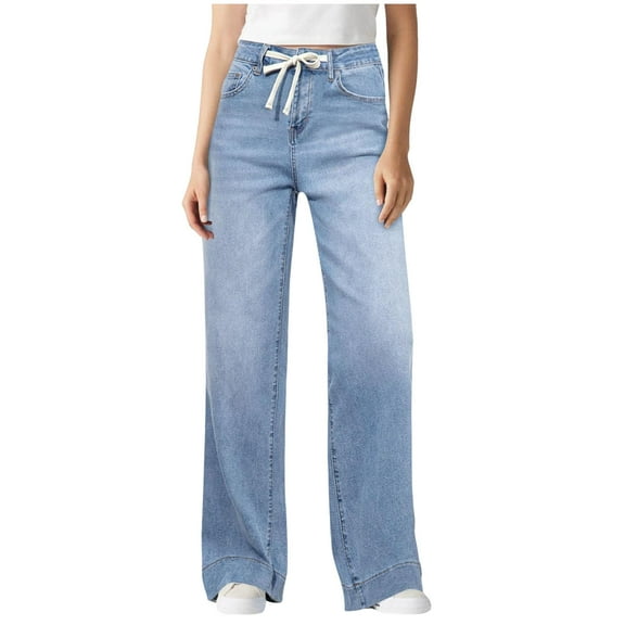 vigerkar Wide Leg Jeans for Women Casual High Waisted Strechy Straight Leg Loose Tummy Control Denim Pants with Pocket (Sky Blue, XXL)